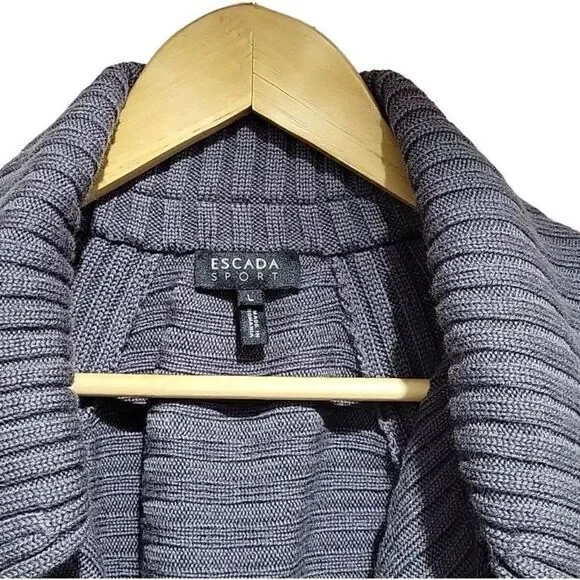 Escada Sport Womens Blue Shawl Drape Ribbed Virgin Wool Cardigan Sweater Large